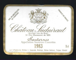 Etiquette Vin Chateau  Suduiraut  Ancien Cru Du Roy 1er Grand Cru Classé  Sauternes 1983 Héri L Fonquernie  Propriétaire - Bordeaux