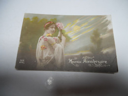 CARTE ANCIENNE  EN COULEUR De 1919 HEUREUX ANNIVERSAIRE  Femme Robe A Fleurs  RUBANT  SUR CHEVEUX Edit Dix 8743 //BE - Anniversaire