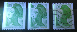 Lot De 3 Liberté De Delacroix N°2426 Roulette 1,90 F Vert Bande De Phospho à Gauche Neuf ** Neuf ** N° Rouge Et Oblitéré - Rollo De Sellos