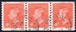 951 Canada 1951 George VI 4c Orange Roulette Coil Strip Of 3 Stamps (307) - Gebruikt