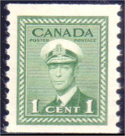 951 Canada 1942 George VI War Issue 1c Green Vert Coil Roulette Perf 9 1/2 VF TB MNH ** Neuf SC (139) - Neufs