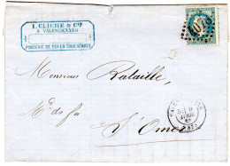 1869  CAD T 17 De VALENCIENNES  G C 4078  Repiquage " L CLICHE & CIE Fonderie " Envoyée à SAINT OMER - 1849-1876: Période Classique