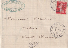 LETTRE. 1 12  08. SEMEUSE CAMÉ. 10c. PLENEUF. COTE DU NORD. BOITE MOBILE BM = ERQUY. POUR ST BRIEUC       /  2 - 1921-1960: Période Moderne