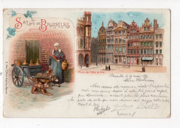 464 - Salut De BRUXELLES - Place De L'Hôtel De Ville - Charrette à Chiens  *litho*1897* - Monumentos, Edificios