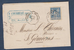 Cachet De Convoyeur  TARBES  A  TOULOUSE  Sur Lettre Avec 15c Sage - Correo Ferroviario