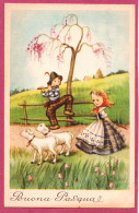 Greetings Card, Buona Pasqua, Happy Easter-Scene Of Young People In Trabitional Dress And Little Lambs- Small Size, - Ostern