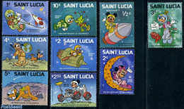 Saint Lucia 1980 Disney, Moonlanding 9v, Mint NH, Transport - Space Exploration - Art - Disney - Disney