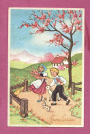 Greetings Card, Buona Pasqua, Happy Easter-Scene Of Young People In Traditional Dress Little Lambs And Rabbitts- - Ostern