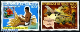 Upper Volta 1979 Philexafrique 2v, Mint NH, Nature - Transport - Various - Flowers & Plants - Post - Stamps On Stamps .. - Correo Postal