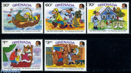 Grenada 1985 Disney, Grimm 5v, Mint NH, Nature - Transport - Cats - Fish - Fishing - Ships And Boats - Art - Disney - Pesci