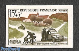 France 1958 Stamp Day 1v, Imperforated, Mint NH, Sport - Transport - Cycling - Post - Automobiles - Unused Stamps