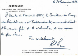 CARTON   SENATEUR PHILIPPE DE BOURGOING PRESIDENT GROUPE U.R.E.I. PETIT MOT SIGNE  SIGNATURE SENAR - Autres & Non Classés