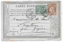 Carte Précurseur De LYON P/ SUISSE Timbres Mixte CERES / SAGE 1877 - 1849-1876: Klassieke Periode