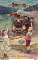 Trein Reliefkaart Happy New Year Ca 1910 - Groupes D'enfants & Familles