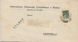 STORIA POSTALE-DEMOCRATICA £.1 (s550),ISOLATO TARIFFA STAMPE,1946-ASSOCIAZIONE NAZIONALE COMBATTENTI E REDUCI-VERCELLI- - 1946-60: Marcophilie