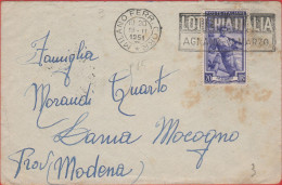 ITALIA - Storia Postale Repubblica - 1951 - 20 Italia Al Lavoro (Isolato) + Flamme Lotteria Italia - Lettera - Viaggiata - 1946-60: Marcophilia