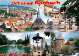 73214380 Korbach Stadtpanorama Rathaus Fussgaengerzone Skulpturen Freibad Turm K - Korbach