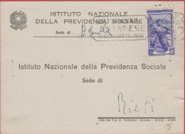 ITALIA - Storia Postale Repubblica - 1951 - 20 Italia Al Lavoro (Isolato) + Flamme Settimana Scannese - Cartolina - INPS - 1946-60: Marcophilie