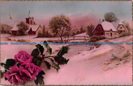 R044381 Old Postcard. Winter Scene. Church House And Lake In Snow - World