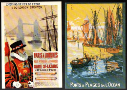 Lot De 2 CP. PUBLICITE. Vieilles Affiches Du Temps Passé: Chemin De Fer: Paris/Londres, Ports Et Plages De L'océan.. - Werbepostkarten