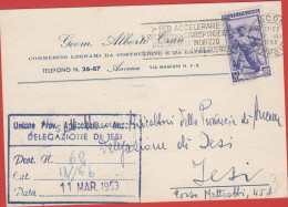 ITALIA - Storia Postale Repubblica - 1953 - 20 Italia Al Lavoro (Isolato) + Flamme Quartiere Postale - Cartolina - Geom. - 1946-60: Poststempel