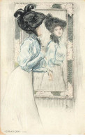 N°23856 - Fantaisie - Crayon - Jeune Femme Ajustant Son Chapeau Devant Un Miroir - Femmes