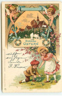 N°22867 - Pâques - Fröhliche Ostern - Anges Veillant Sur Des Enfants Dans Un Pré - Easter