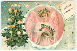 N°22872 - Carte Gaufrée - Noël - Fröhliche Weihnachten - Ange Gardien Portant Du Houx - Autres & Non Classés