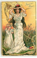 N°22864 - Carte Gaufrée - Art Nouveau - Joyeuses Pâques - Fillette Près D'une Femme Regardant Au Loin - Ostern