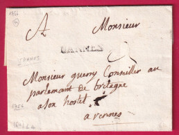 MARQUE VANNES MORBIHAN 1756 LENAIN N°4 INDICE 14 POUR RENNES ILLE ET VILAINE LETTRE - 1701-1800: Voorlopers XVIII