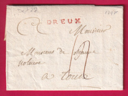 MARQUE DREUX EURE ET LOIR 1792 EN ROUGE POUR TOURS INDRE ET LOIRE LENAIN  N°3A INDICE 10 LETTRE - 1701-1800: Vorläufer XVIII