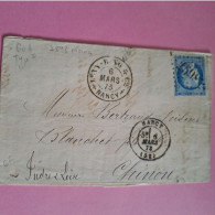 N°60A 25 C. Bleu GC 2598 Nancy Sur Lettre Pour Chinon - 06-03-1873 Ambulants Avricourt à Paris Paris à Bordeaux - 1871-1875 Ceres