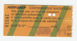 Ticket Parisien Juin 1991 RATP / SNCF "Contremarque Magnétique (station Balard)" Métro RER Paris (France) - Other & Unclassified