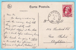 CP Quatre Bras Avenue Des Charmes TP 74 Obl Tervueren 3 IV 1912 Vers Angleterre - 1905 Breiter Bart