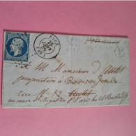 N°14A 20 C. Bleu PC 2683 Rioz (70) Cote 2024 25€) Sur Lettre Pour Besançon 25-01-1859 Réexpédiée Vers Paris - 1853-1860 Napoleone III