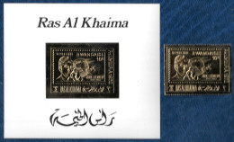 Ras Al Khaima 1970 Kennedy Phone Transit Satellite - Rwanda Philympia GOLD & SILVER IMPERF S/S + PERF Stamps MNH Rare - Azië