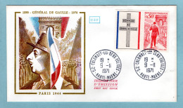 FDC France 1971 - Hommage Au Général De Gaulle à Paris 1944 - YT 1697 - Colombey Les Deux églises - 1970-1979