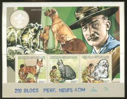 Republique Centrafricaine Bloc Perforation Perfin SPECIMEN Scoutisme Scouts Chiens Chats 1998 Central Africa Cats Dogs - Neufs