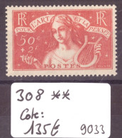 FRANCE - No Yvert 308 ** ( SANS CHARNIERE, GOMME PARFAITE )    - COTE: 135.- - Unused Stamps