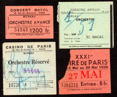 PARIS - 4 Tickets Entrée -  Concert MAYOL - FOIRE DE PARIS 1939 - CASINO DE PARIS - THEATRE APOLLO - ORCHESTRE - Tickets - Vouchers