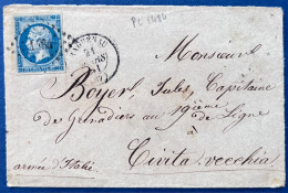 Lettre Napoleon N°14 20c Bleu Oblitéré PC 1484 + Dateur De HAGENEAU 28 Mars 1861 Pour Civita Vecchia Armée D'Italie TTB - 1853-1860 Napoleone III