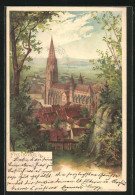 Lithographie Freiburg I / B., Teilansicht Mit Kirche  - Freiburg I. Br.