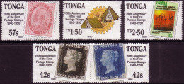 Tonga 1990 Stamp On Stamp Set Of 4 MNH - 1d Black, 2d Blue, Scout, Rotary - Timbres Sur Timbres