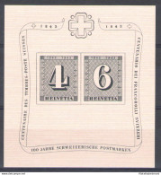 1943 SVIZZERA , BF N° 9 , Centenario Del Primo Francobollo Svizzero , MNH** - Sonstige & Ohne Zuordnung