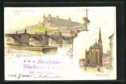 Lithographie Würzburg, Mainbrücke Mit Festung, Marien-Capelle, Neujahrsgruss  - Wuerzburg