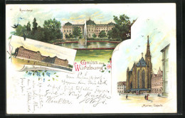 Lithographie Würzburg, Residenz Mit Fontäne, Marien-Capelle  - Wuerzburg