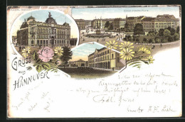 Lithographie Hannover, Kaiserliches Postamt Mit Passanten, Ernst-August-Platz Mit Park, Lyceum Realschule  - Hannover