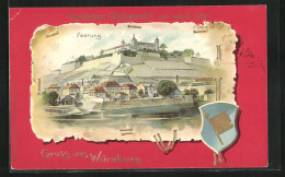 Präge-Passepartout-Lithographie Würzburg, Festung Mit Wappen, Neujahrsgruss  - Würzburg