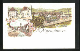 Lithographie Masmünster, Hotel Zum Goldenen Adler, Post, Vue Partielle  - Sonstige & Ohne Zuordnung