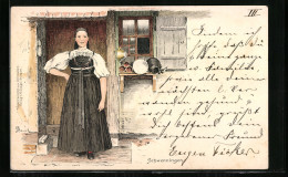 Künstler-Lithographie Schwenningen, Junge Frau In Schwäbischer Tracht  - Trachten